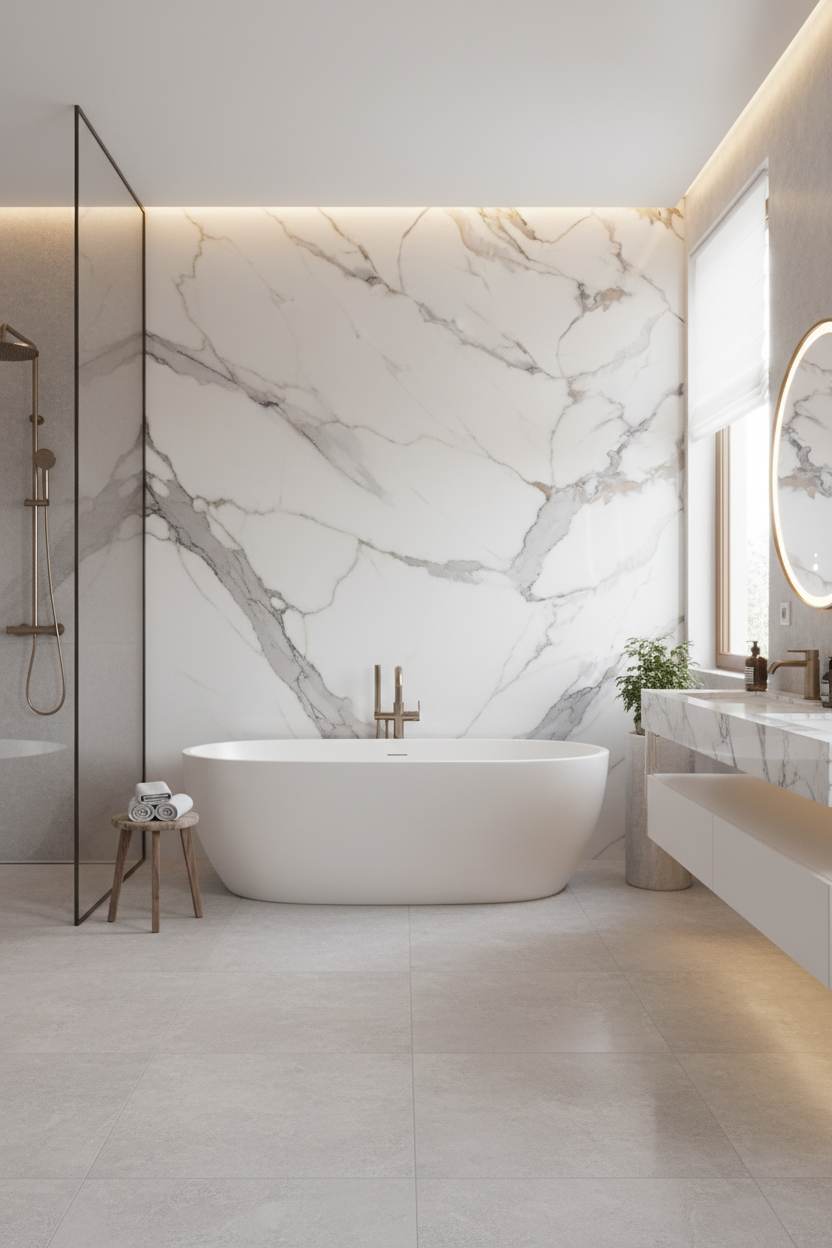 PVC nástěnný panel Calacatta Stone 280 x 122 cm – Bílý mramorový vzhled, elegantní & voděodolný