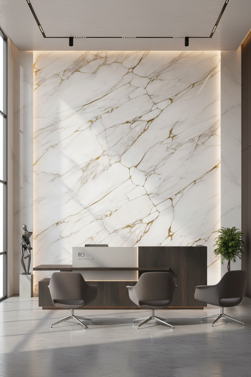 Luna Gold PVC nástěnný panel 280 x 122 cm – Bílý mramorový vzhled se zlatými žilkami, elegantní a voděodolný