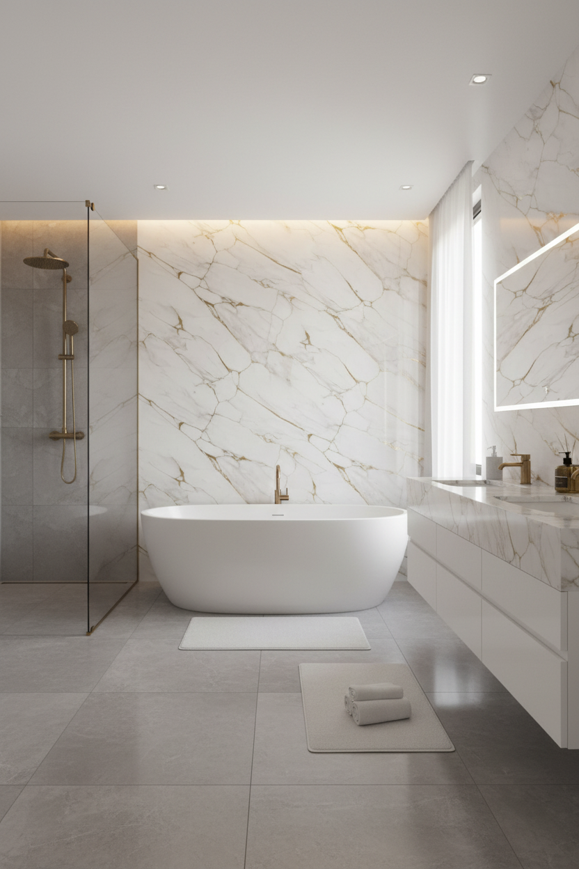 Luna Gold PVC Wall Panel 280 x 122 cm – White Marble Look with Gold Veins, Elegant & Waterproof