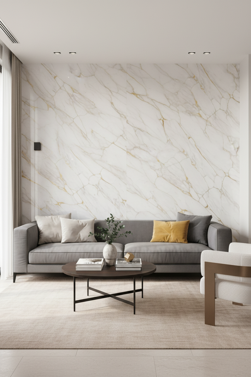 Luna Gold PVC Wall Panel 280 x 122 cm – White Marble Look with Gold Veins, Elegant & Waterproof