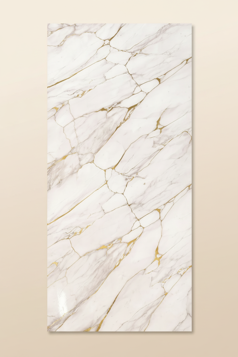 Luna Gold PVC vægpanel 280 x 122 cm – Hvid marmorlook med guldfiner, Elegant & vandtæt