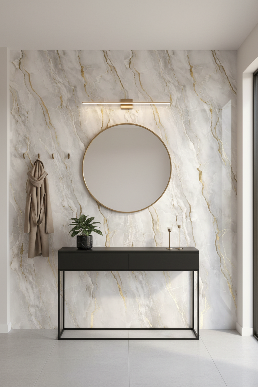 Gold Mist PVC vægpanel 280 x 122 cm – Gråt marmorlook med guldfiner, Elegant & vandtæt