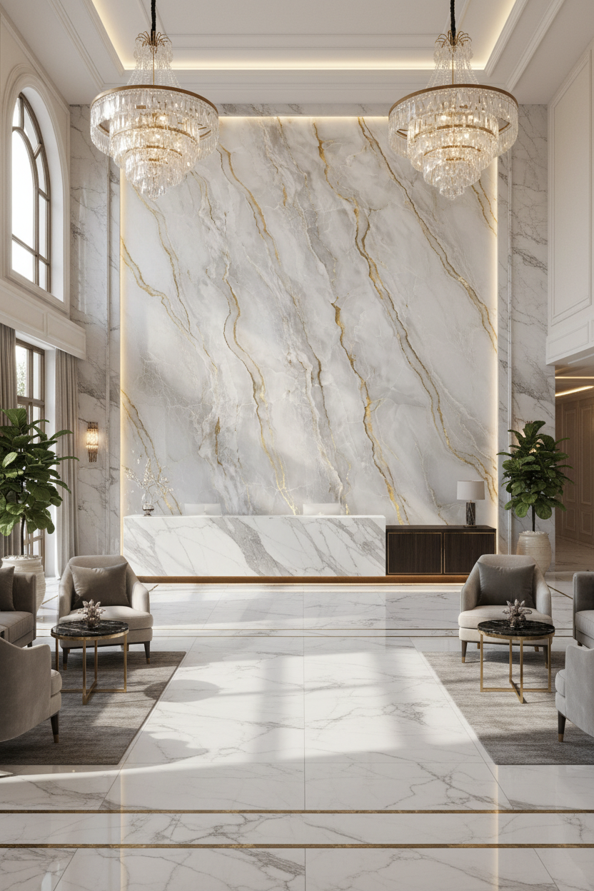 Gold Mist PVC vægpanel 280 x 122 cm – Gråt marmorlook med guldfiner, Elegant & vandtæt