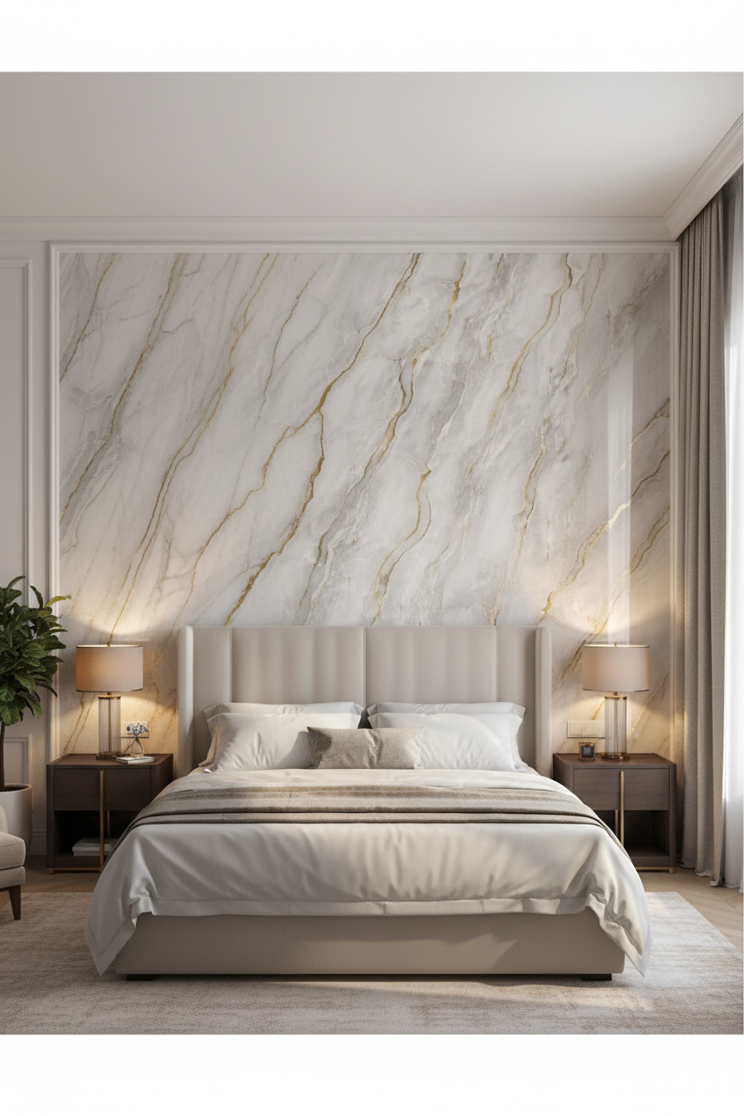 Gold Mist PVC nástěnný panel 280 x 122 cm – Šedý mramorový vzhled se zlatými žilkami, elegantní a voděodolný