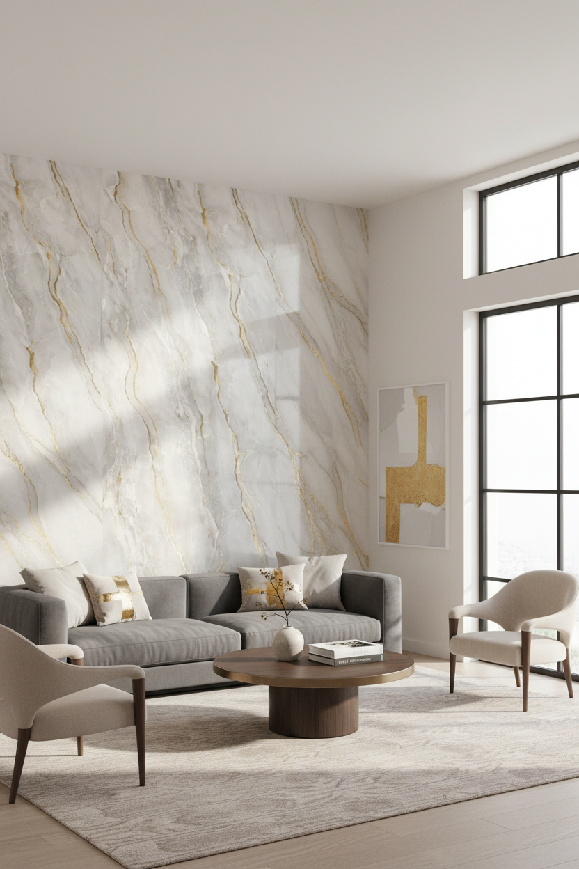 Gold Mist PVC vægpanel 280 x 122 cm – Gråt marmorlook med guldfiner, Elegant & vandtæt