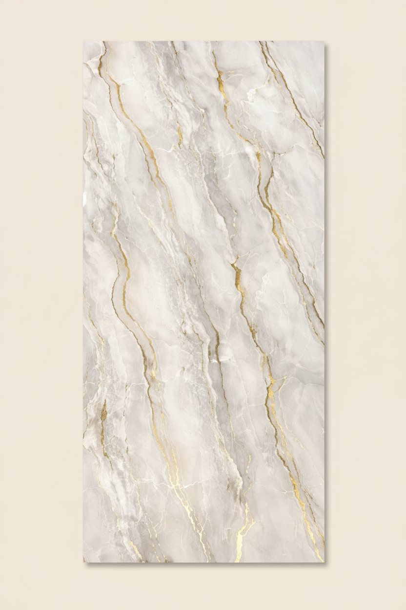 Gold Mist PVC nástěnný panel 280 x 122 cm – Šedý mramorový vzhled se zlatými žilkami, elegantní a voděodolný