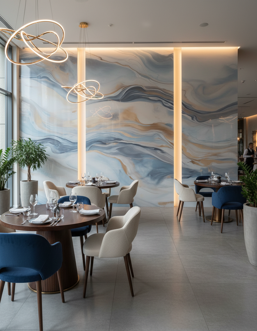 Ocean Blue PVC vægpanel 260 x 122 cm – Blåt beige stenlook, Moderne & vandtæt