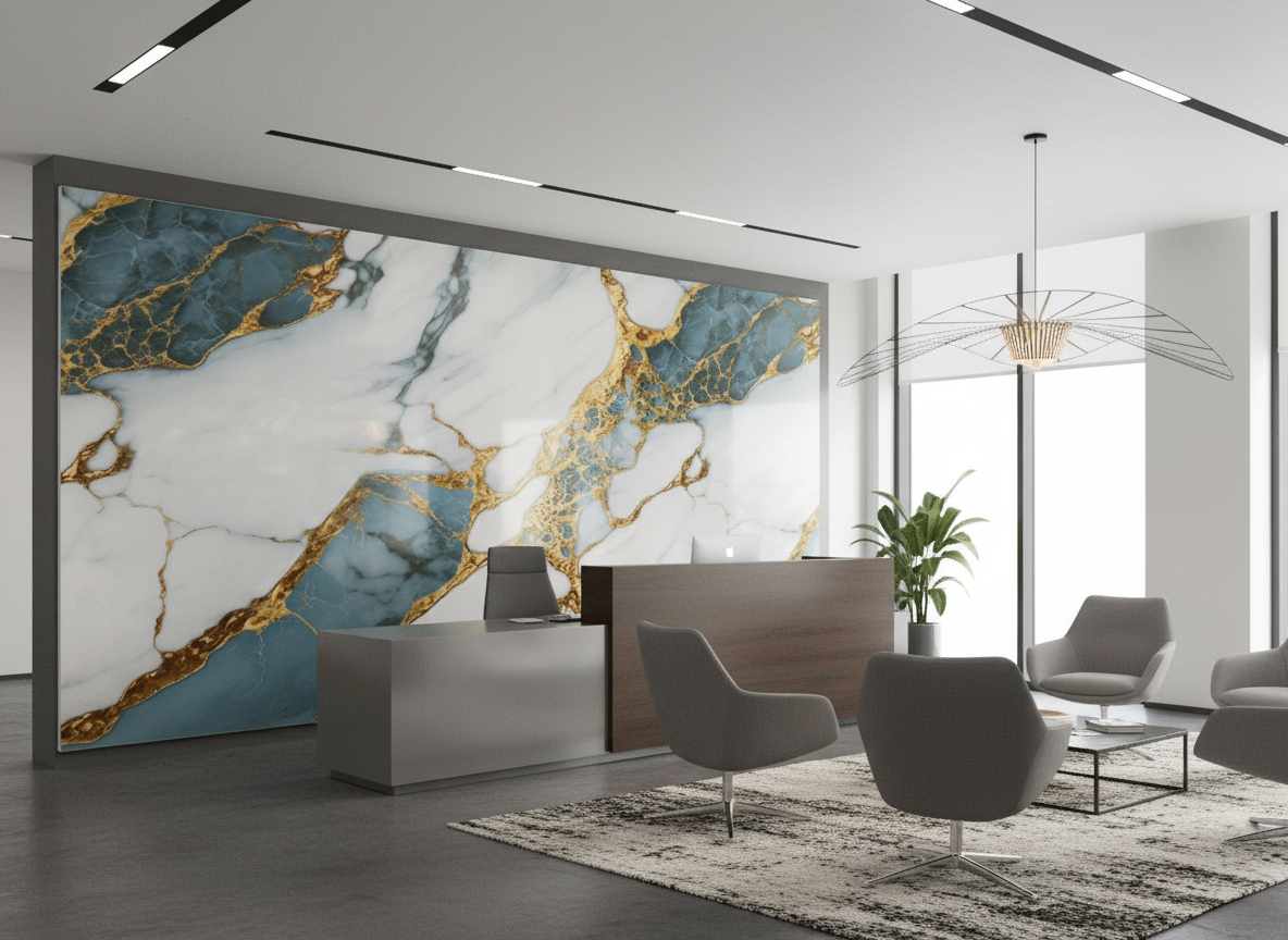 Volcano Gold Blue PVC vægpanel 260 x 122 cm – Hvidt blåt guld stenlook, Elegant & vandtæt