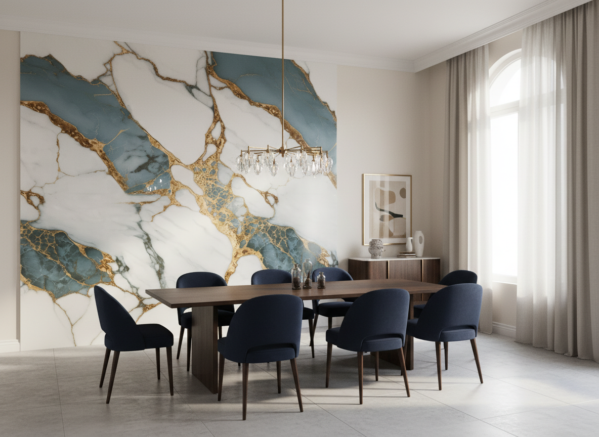 Volcano Gold Blue PVC Wandpaneel 260 x 122 cm – Weiß Blau Gold Steinoptik, Elegant & Wasserfest