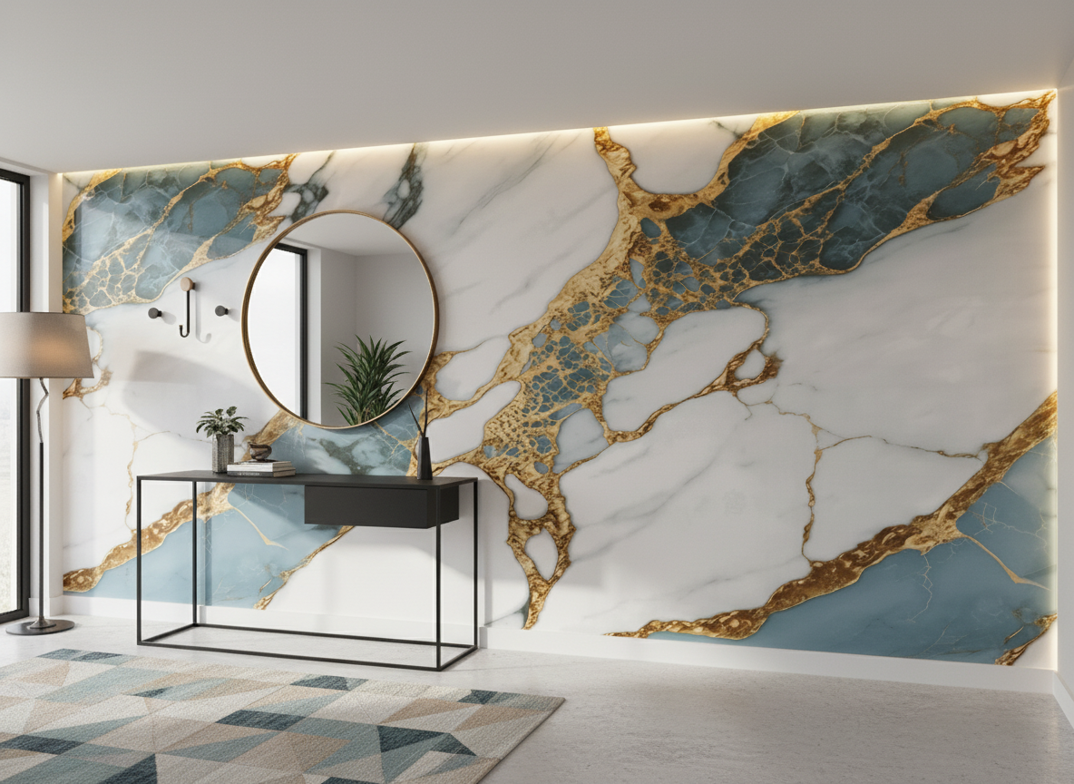 Volcano Gold Blue PVC vægpanel 260 x 122 cm – Hvidt blåt guld stenlook, Elegant & vandtæt