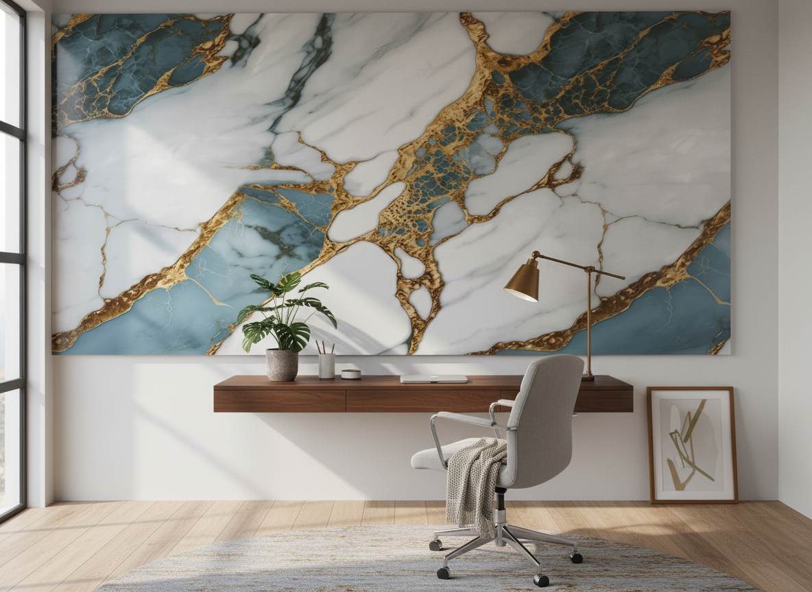 Volcano Gold Blue PVC vægpanel 260 x 122 cm – Hvidt blåt guld stenlook, Elegant & vandtæt