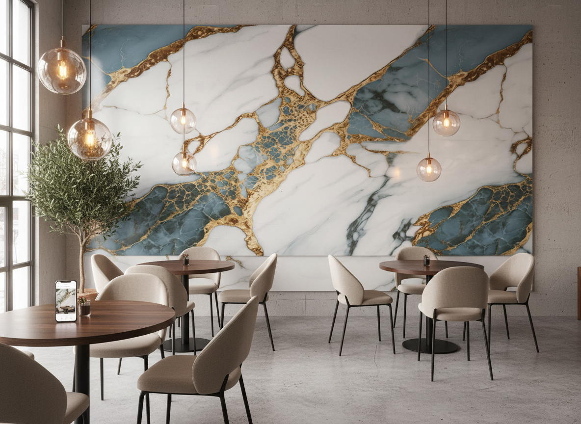 Volcano Gold Blue PVC vægpanel 260 x 122 cm – Hvidt blåt guld stenlook, Elegant & vandtæt