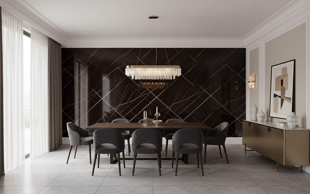 Sahara Black PVC vægpanel 280 x 122 cm – Sort marmorlook, Elegant & vandtæt