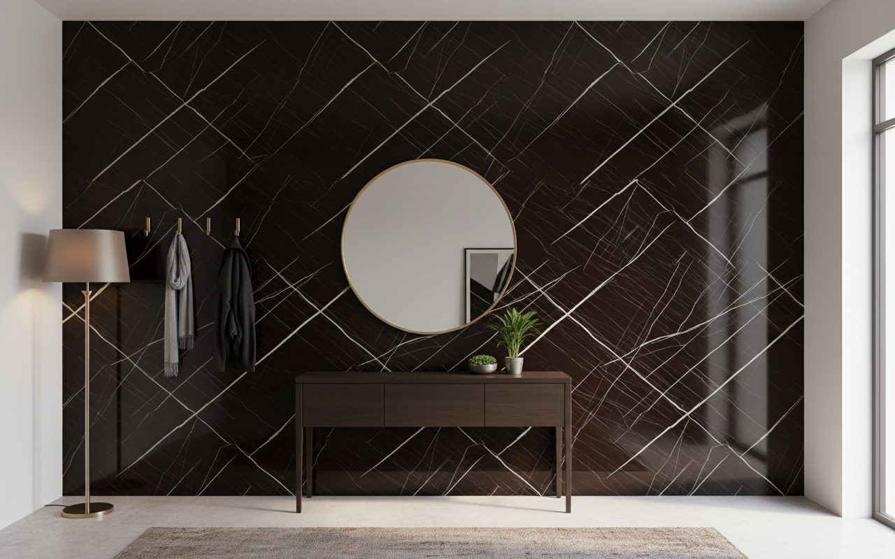 Sahara Black PVC vægpanel 280 x 122 cm – Sort marmorlook, Elegant & vandtæt