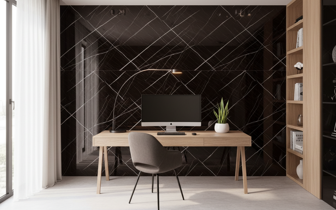 Sahara Black PVC vægpanel 280 x 122 cm – Sort marmorlook, Elegant & vandtæt