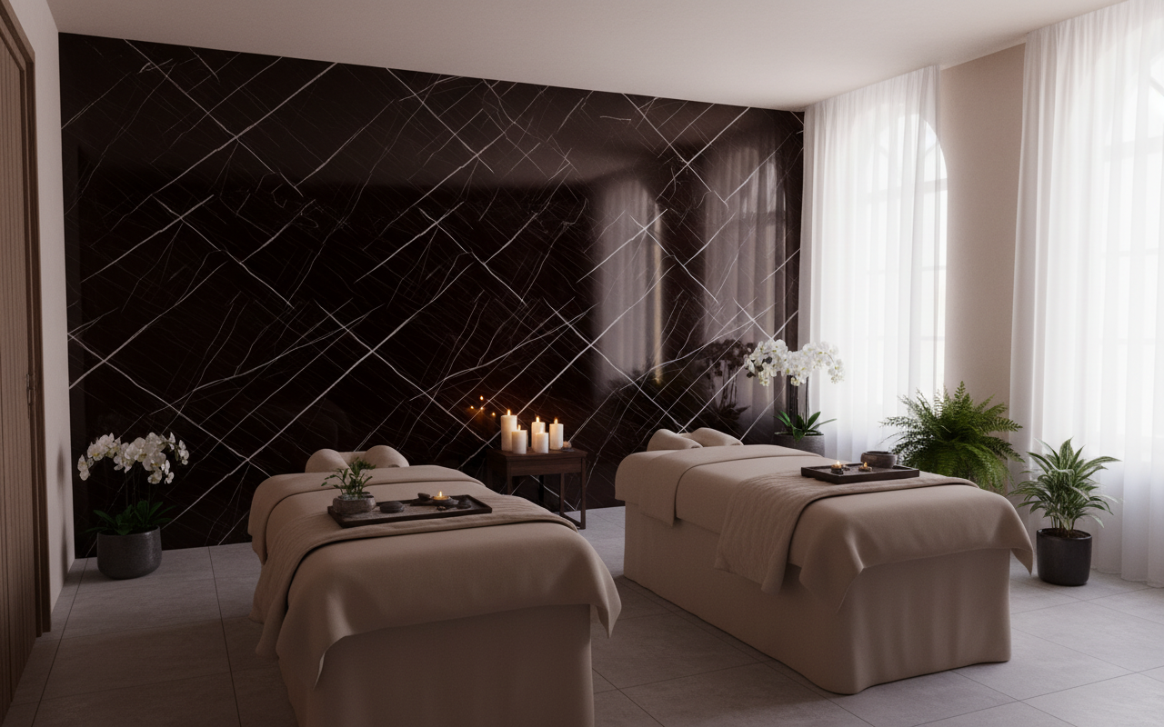 Sahara Black PVC vægpanel 280 x 122 cm – Sort marmorlook, Elegant & vandtæt
