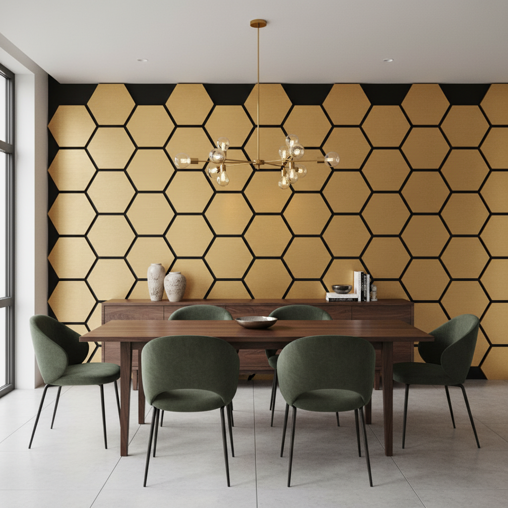 Hexagon zrcadlový panel černá zlato 65 x 35 cm – Černé šestihrany s lesklým zlatem