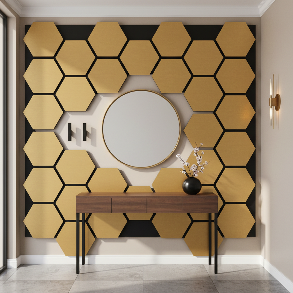 Hexagon zrcadlový panel černá zlato 65 x 35 cm – Černé šestihrany s lesklým zlatem