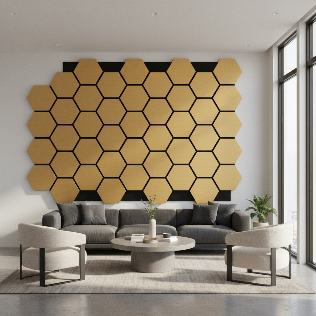 Hexagon zrcadlový panel černá zlato 65 x 35 cm – Černé šestihrany s lesklým zlatem