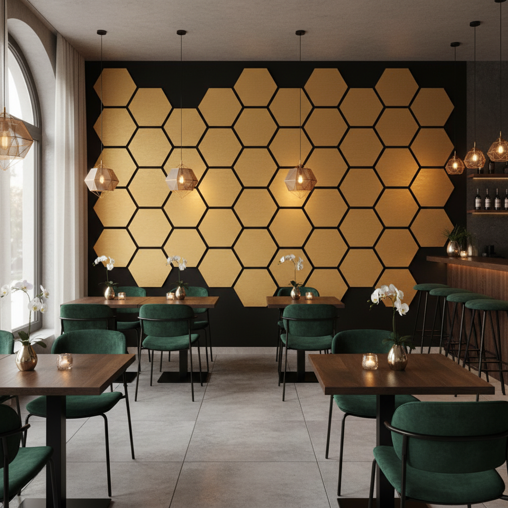 Hexagon zrcadlový panel černá zlato 65 x 35 cm – Černé šestihrany s lesklým zlatem