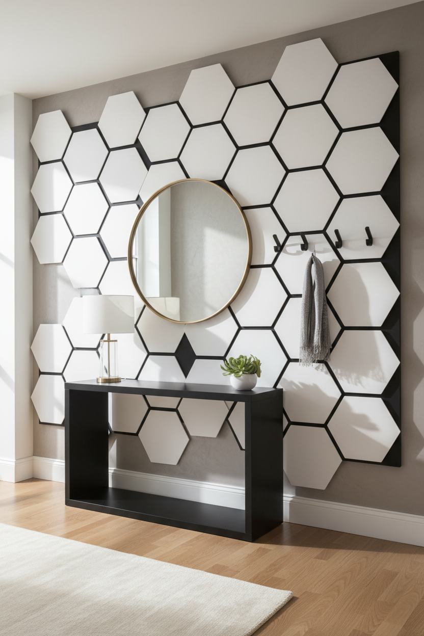 Hexagon spejlpaneel sølv sort 65 x 35 cm – Spejlet sekskantdesign, 6 mm