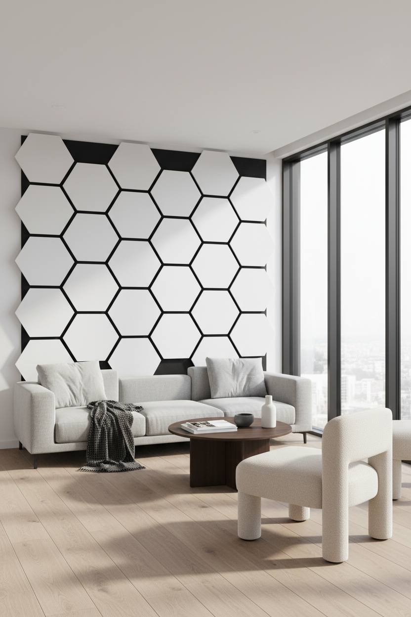 Hexagon spejlpaneel sølv sort 65 x 35 cm – Spejlet sekskantdesign, 6 mm