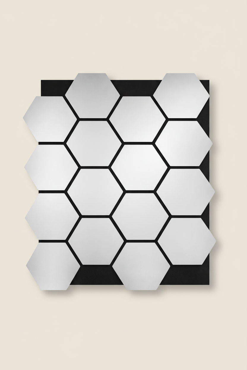 Hexagon spejlpaneel sølv sort 65 x 35 cm – Spejlet sekskantdesign, 6 mm