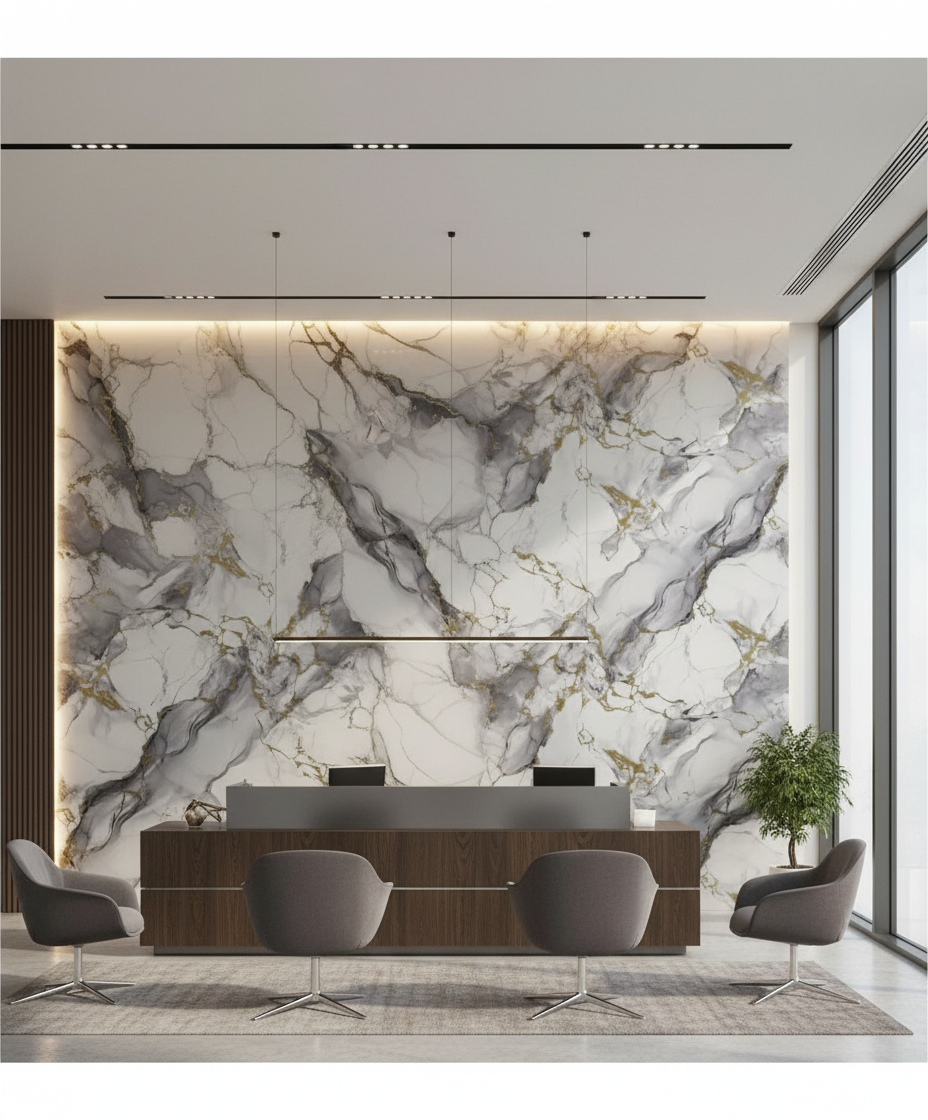 Nordic Blue Gold PVC nástěnný panel 280 x 122 cm – Bílý, modrý a zlatý mramorový vzhled, elegantní a voděodolný