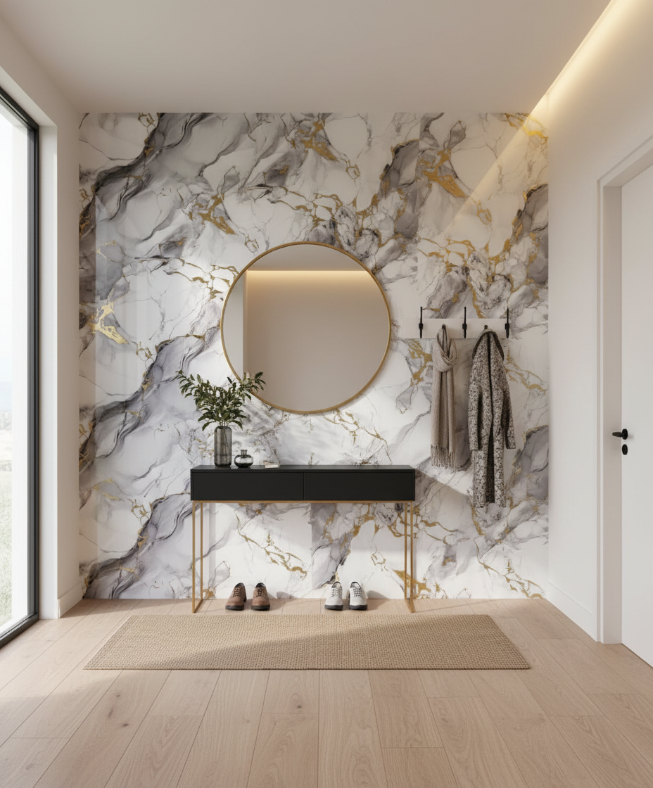 Nordic Blue Gold PVC Wall Panel 280 x 122 cm – White Blue Gold Marble Look, Elegant & Waterproof
