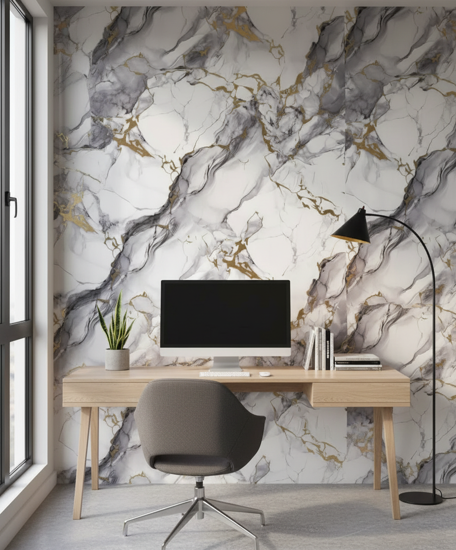 Nordic Blue Gold PVC Wall Panel 280 x 122 cm – White Blue Gold Marble Look, Elegant & Waterproof