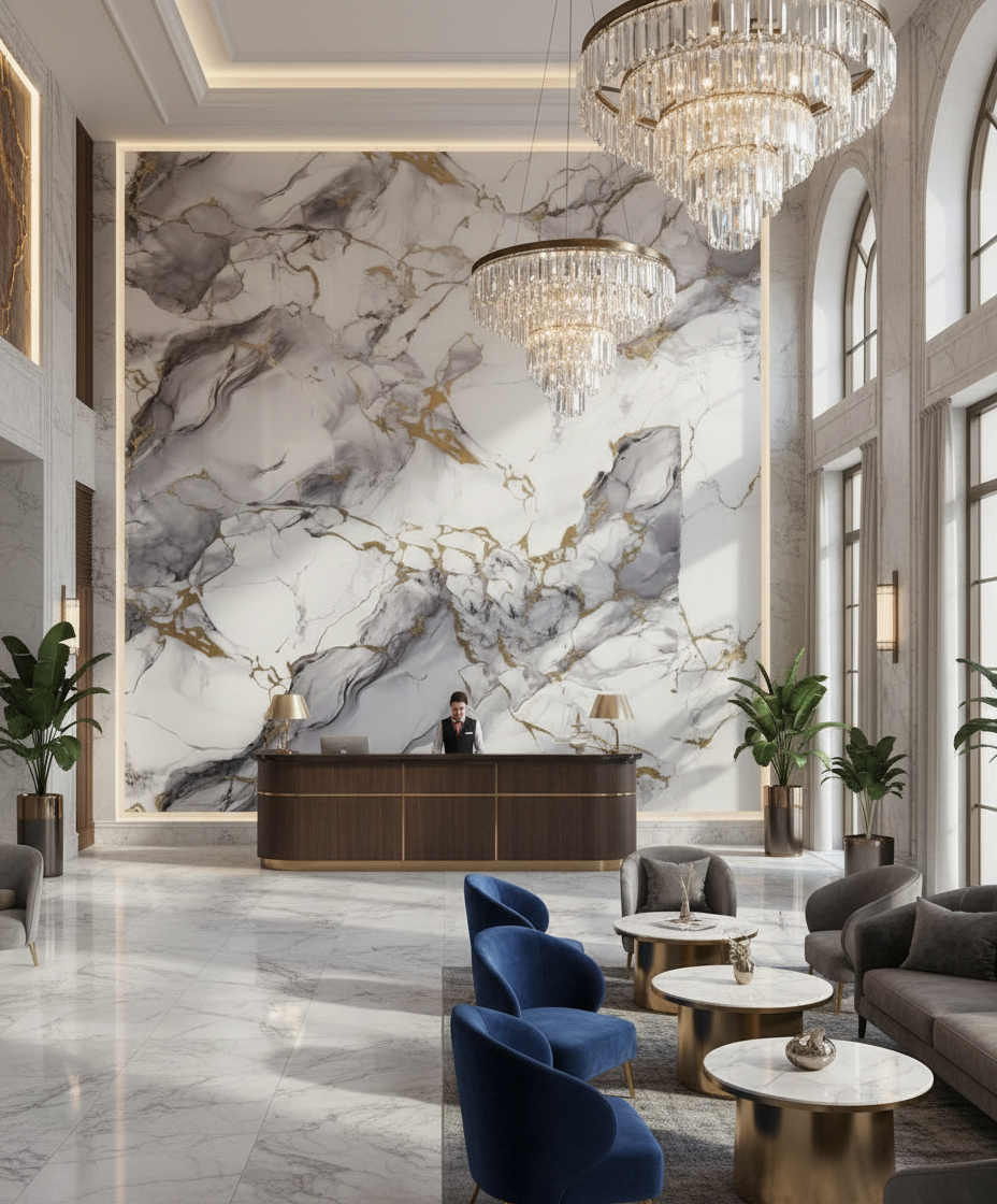 Nordic Blue Gold PVC Wall Panel 280 x 122 cm – White Blue Gold Marble Look, Elegant & Waterproof