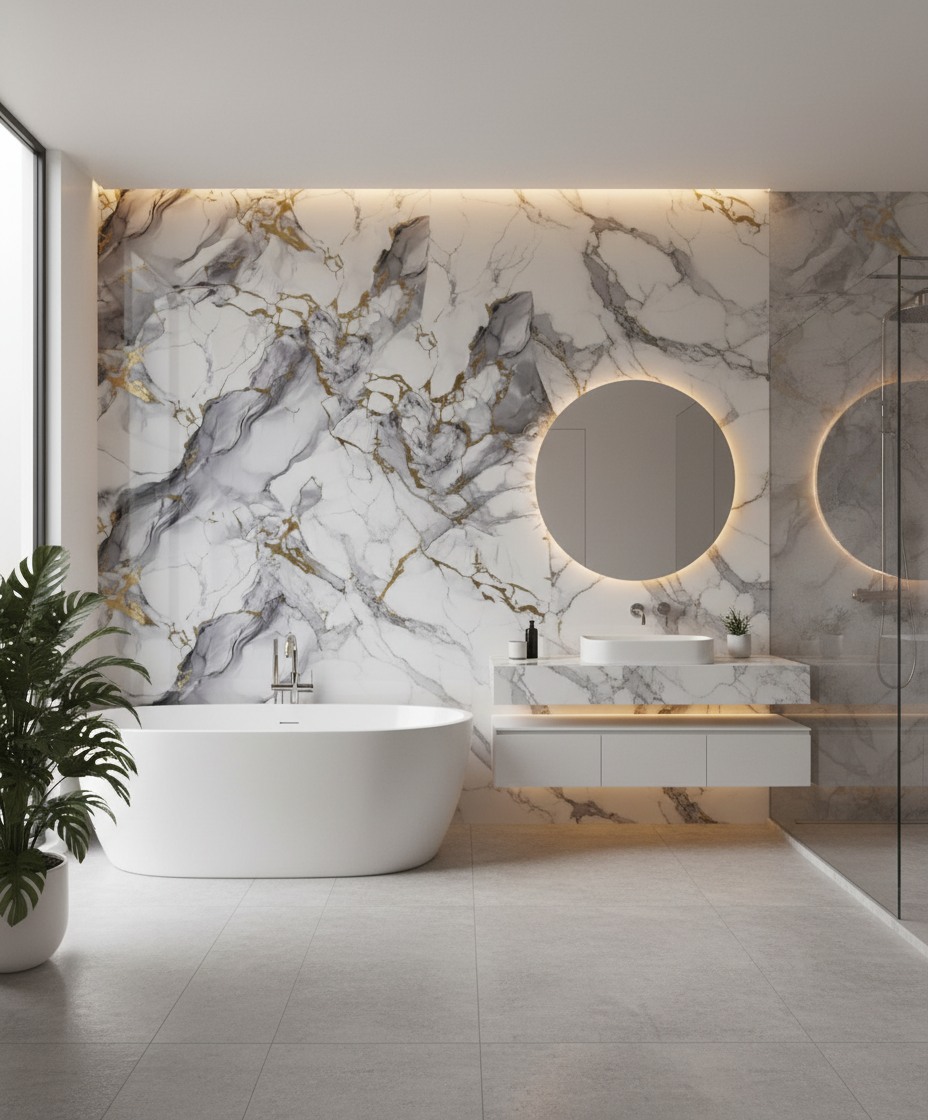 Nordic Blue Gold PVC Wall Panel 280 x 122 cm – White Blue Gold Marble Look, Elegant & Waterproof