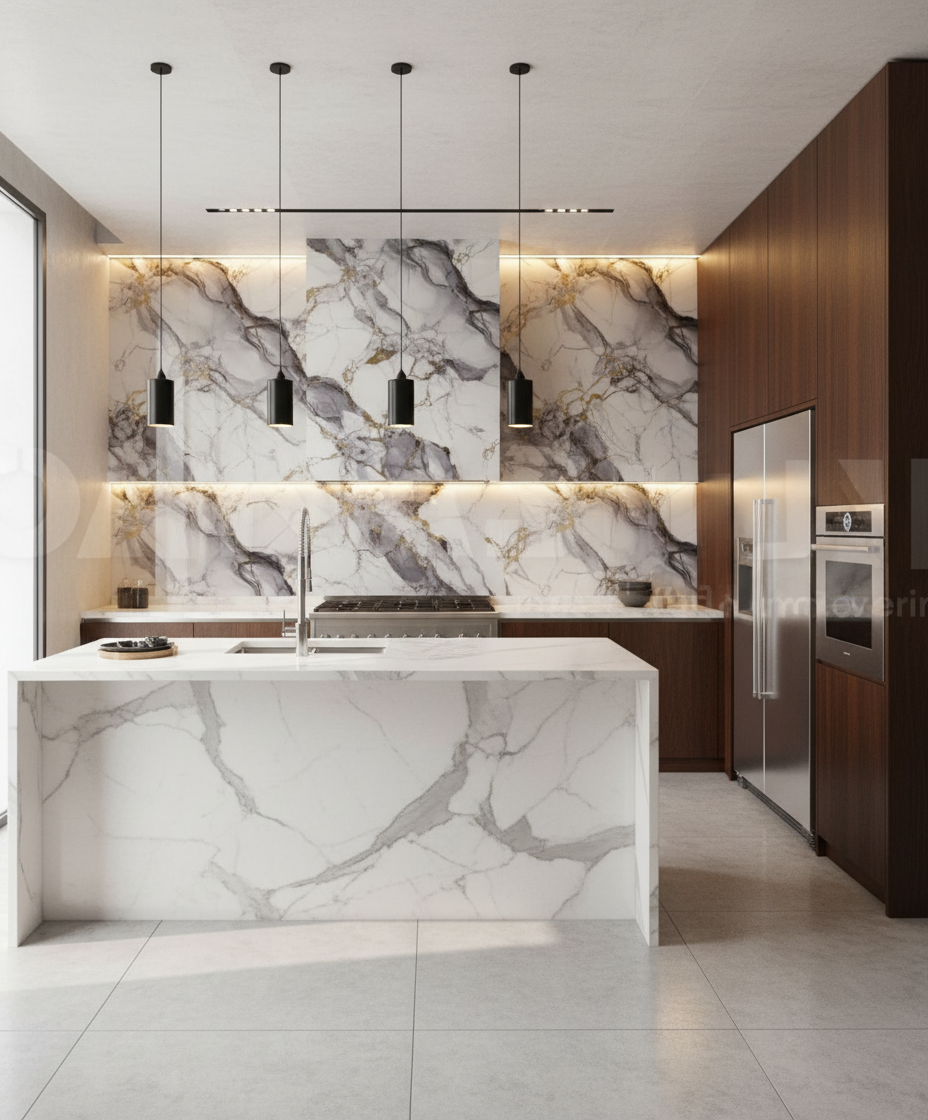 Nordic Blue Gold PVC Wall Panel 280 x 122 cm – White Blue Gold Marble Look, Elegant & Waterproof