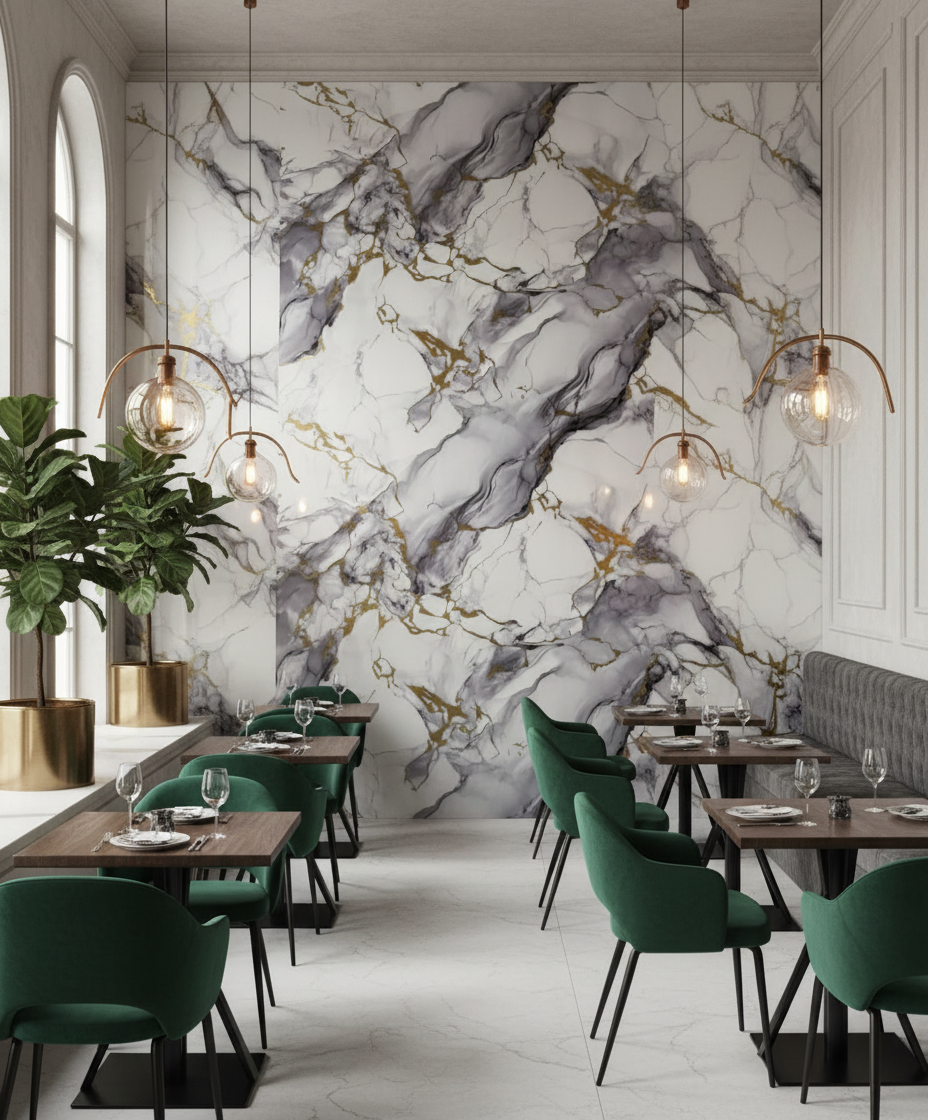 Nordic Blue Gold PVC Wall Panel 280 x 122 cm – White Blue Gold Marble Look, Elegant & Waterproof