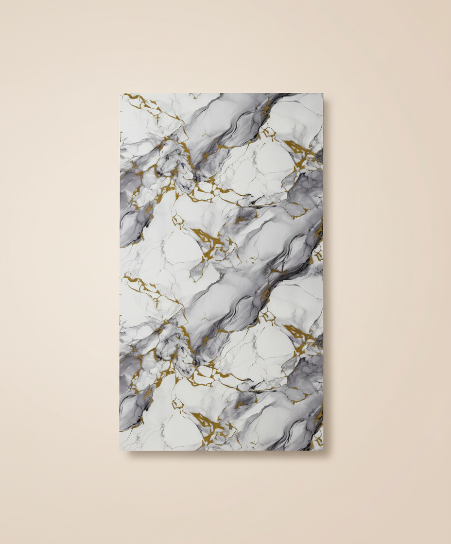 Nordic Blue Gold PVC vægpanel 280 x 122 cm – Hvidt blåt guld marmorlook, Elegant & vandtæt