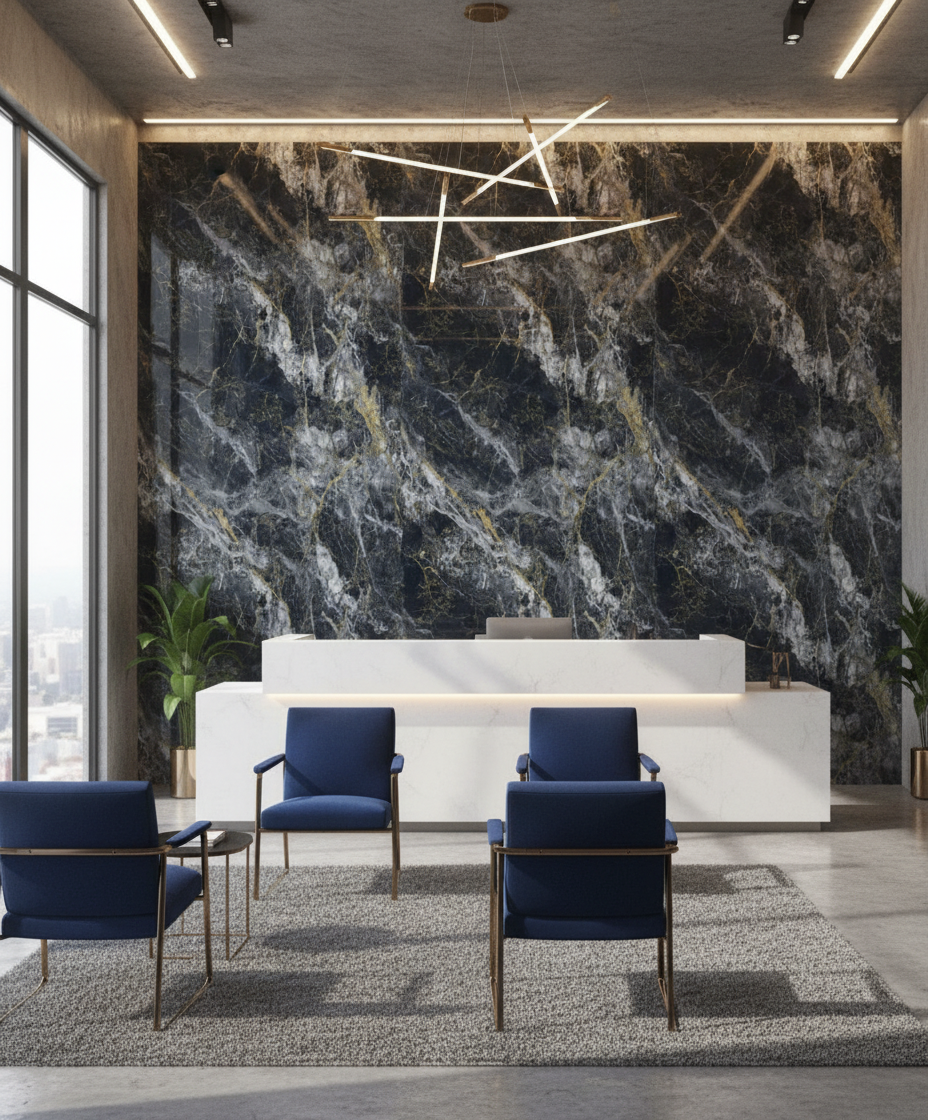 Onyx Gold PVC vægpanel 280 x 122 cm – Mørkt onyx stenlook med guldfiner, Elegant & vandtæt