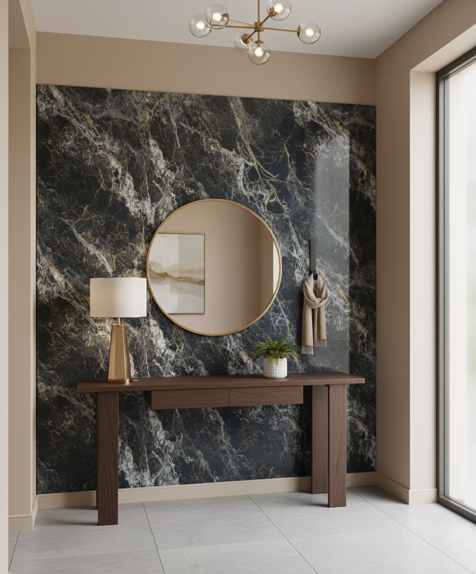 Onyx Gold PVC vægpanel 280 x 122 cm – Mørkt onyx stenlook med guldfiner, Elegant & vandtæt