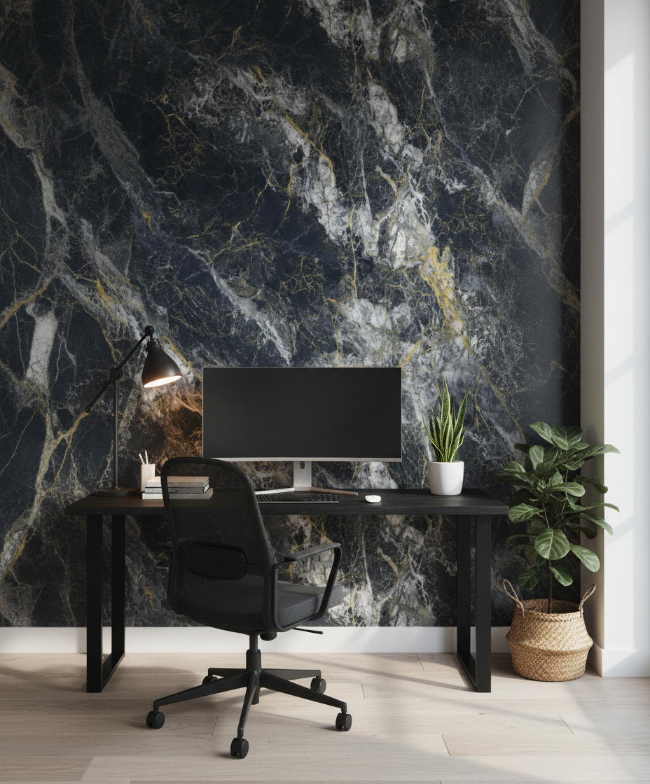 Onyx Gold PVC vægpanel 280 x 122 cm – Mørkt onyx stenlook med guldfiner, Elegant & vandtæt