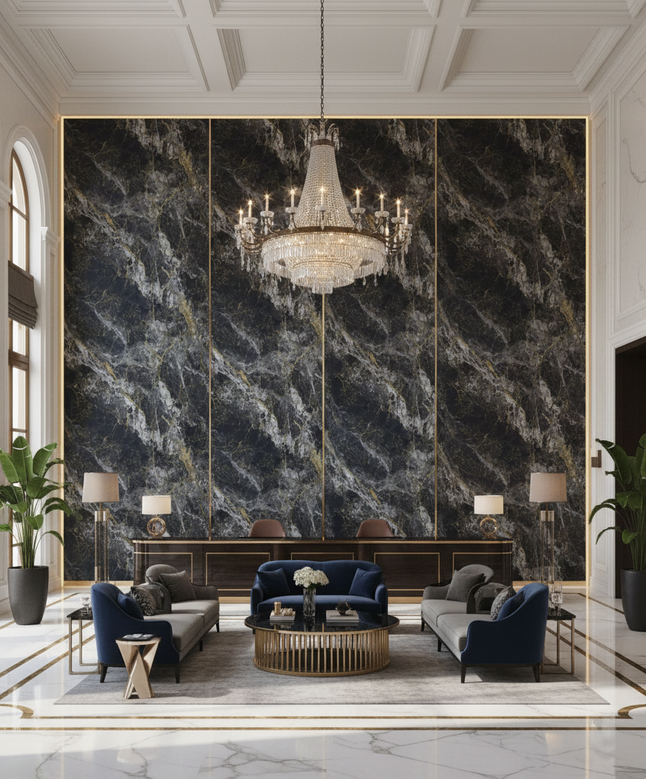 Onyx Gold PVC vægpanel 280 x 122 cm – Mørkt onyx stenlook med guldfiner, Elegant & vandtæt
