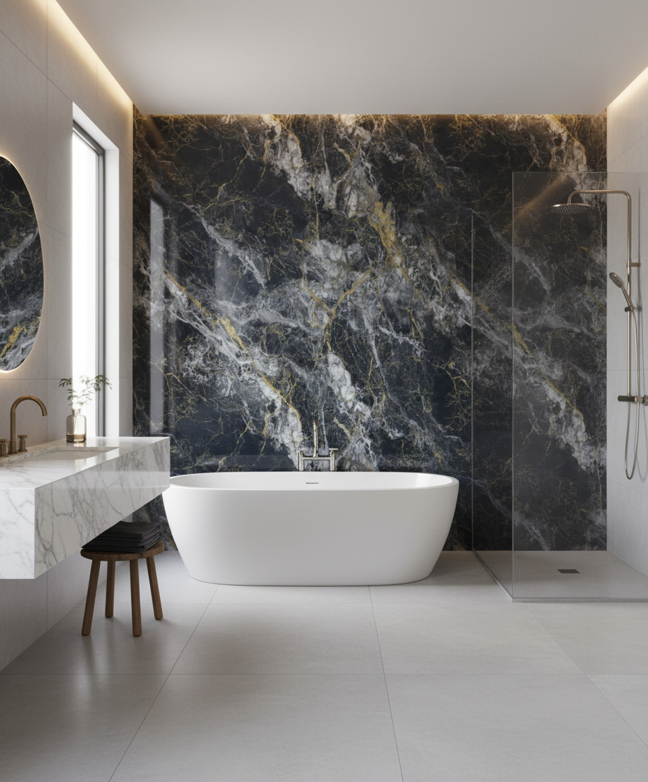 Onyx Gold PVC vægpanel 280 x 122 cm – Mørkt onyx stenlook med guldfiner, Elegant & vandtæt