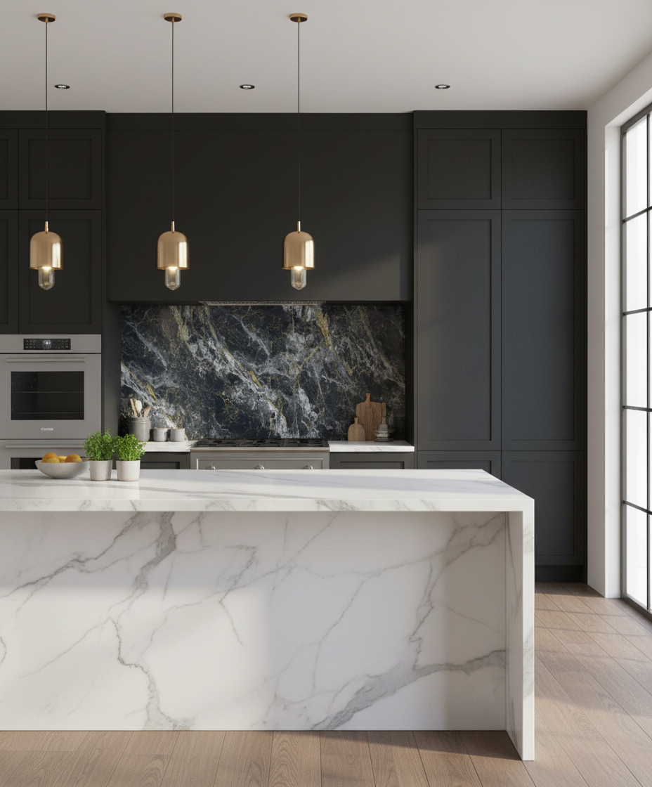 Onyx Gold PVC vægpanel 280 x 122 cm – Mørkt onyx stenlook med guldfiner, Elegant & vandtæt
