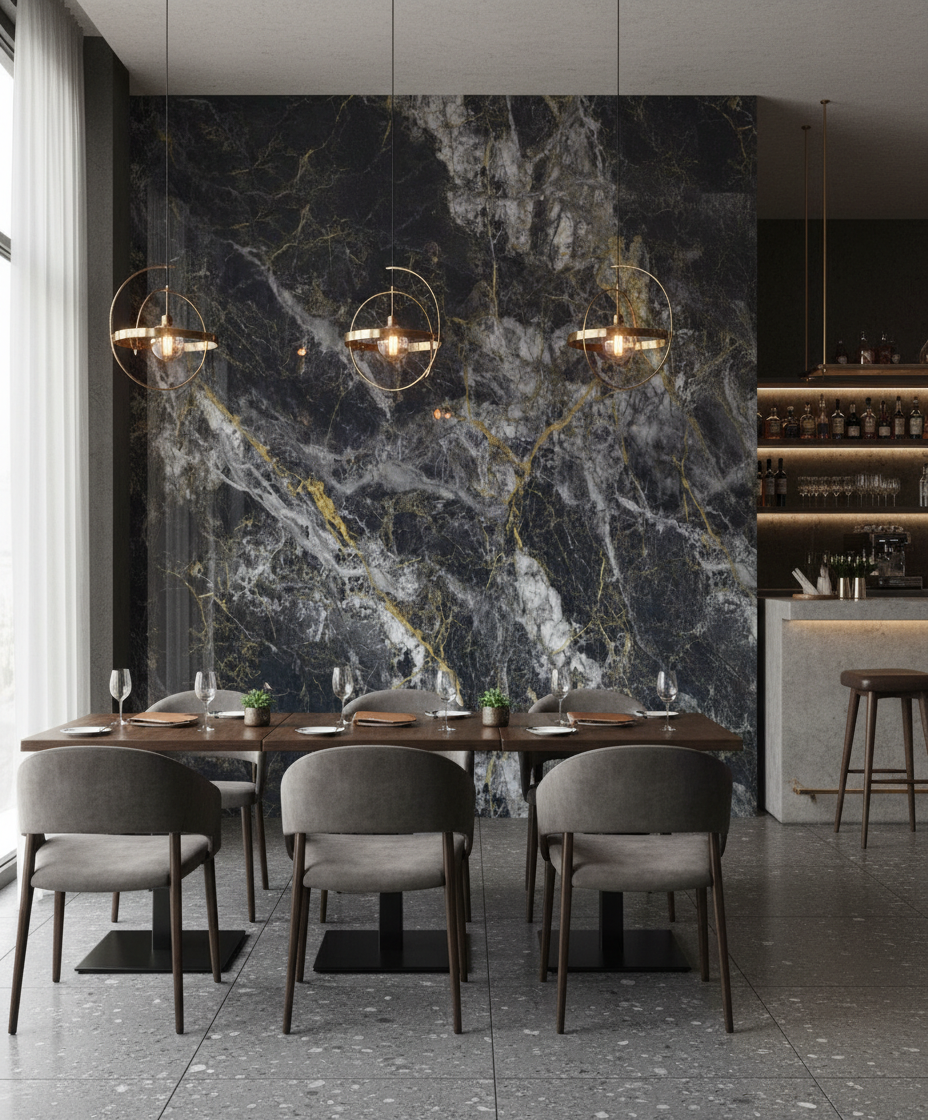 Onyx Gold PVC vægpanel 280 x 122 cm – Mørkt onyx stenlook med guldfiner, Elegant & vandtæt