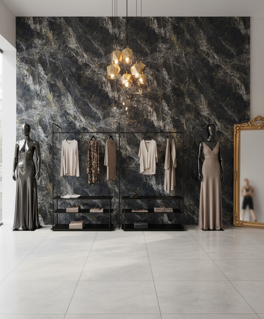 Onyx Gold PVC vægpanel 280 x 122 cm – Mørkt onyx stenlook med guldfiner, Elegant & vandtæt