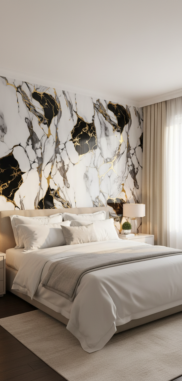 New Jersey PVC-vægpanel 260 x 122 cm – Ædel sort-hvid-guld marmorlook