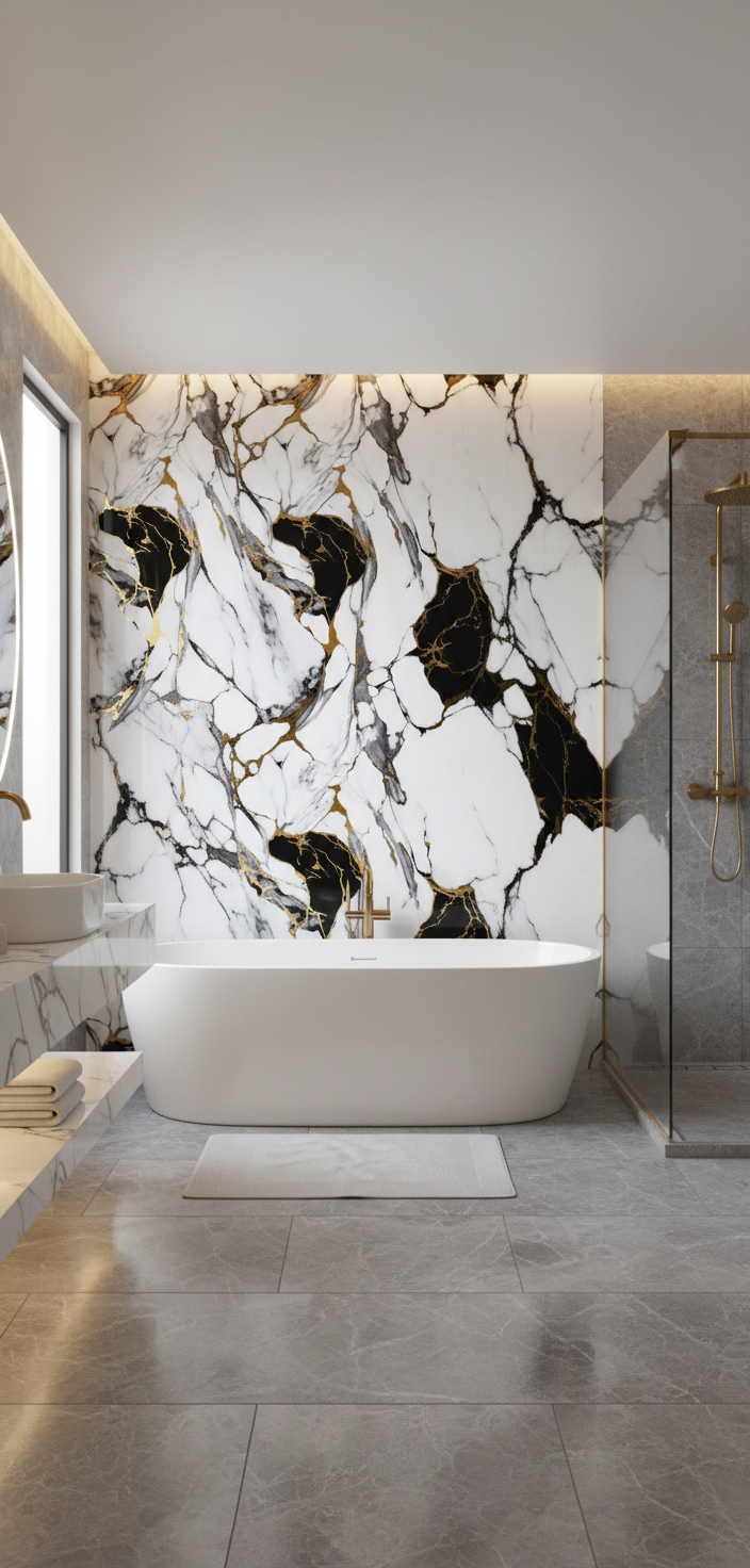 New Jersey PVC-vægpanel 260 x 122 cm – Ædel sort-hvid-guld marmorlook