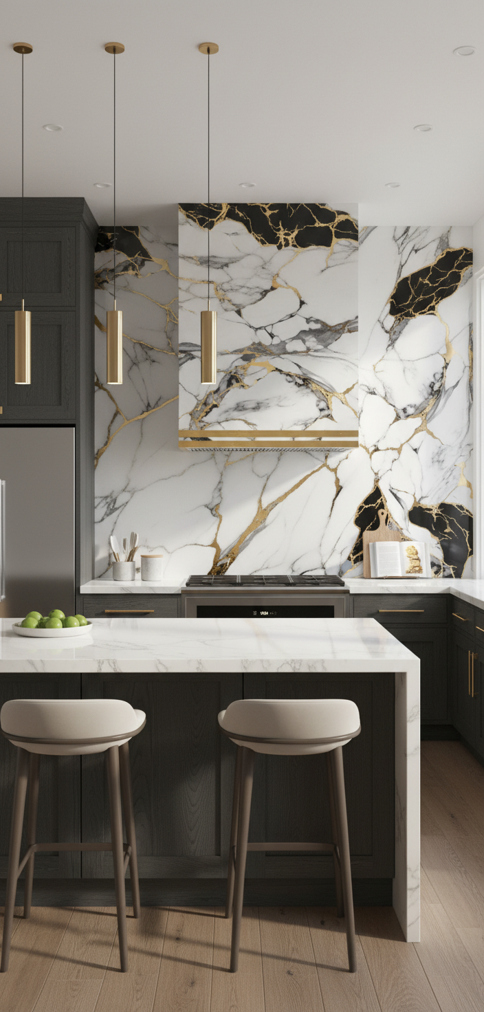New Jersey PVC-vægpanel 260 x 122 cm – Ædel sort-hvid-guld marmorlook