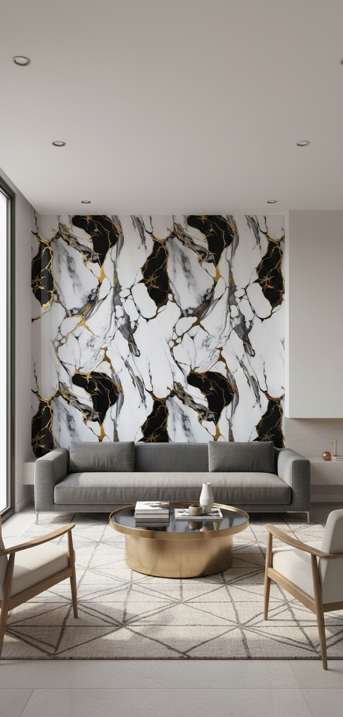 New Jersey PVC-vægpanel 260 x 122 cm – Ædel sort-hvid-guld marmorlook