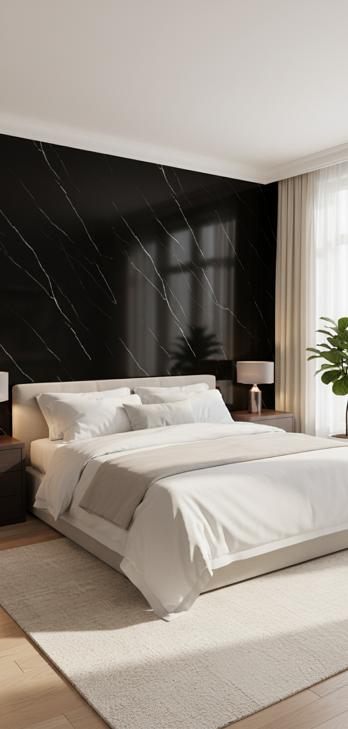 Panele ścienne PVC Night 260 x 122 cm – czarna marmurowa optyka z delikatnymi białymi żyłkami