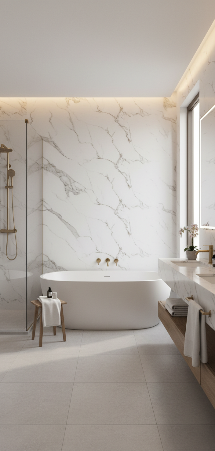 Carrara Pearl PVC Wandpaneel 260 x 122 cm – Weiße Marmoroptik mit feinen Gold- und Grauakzenten