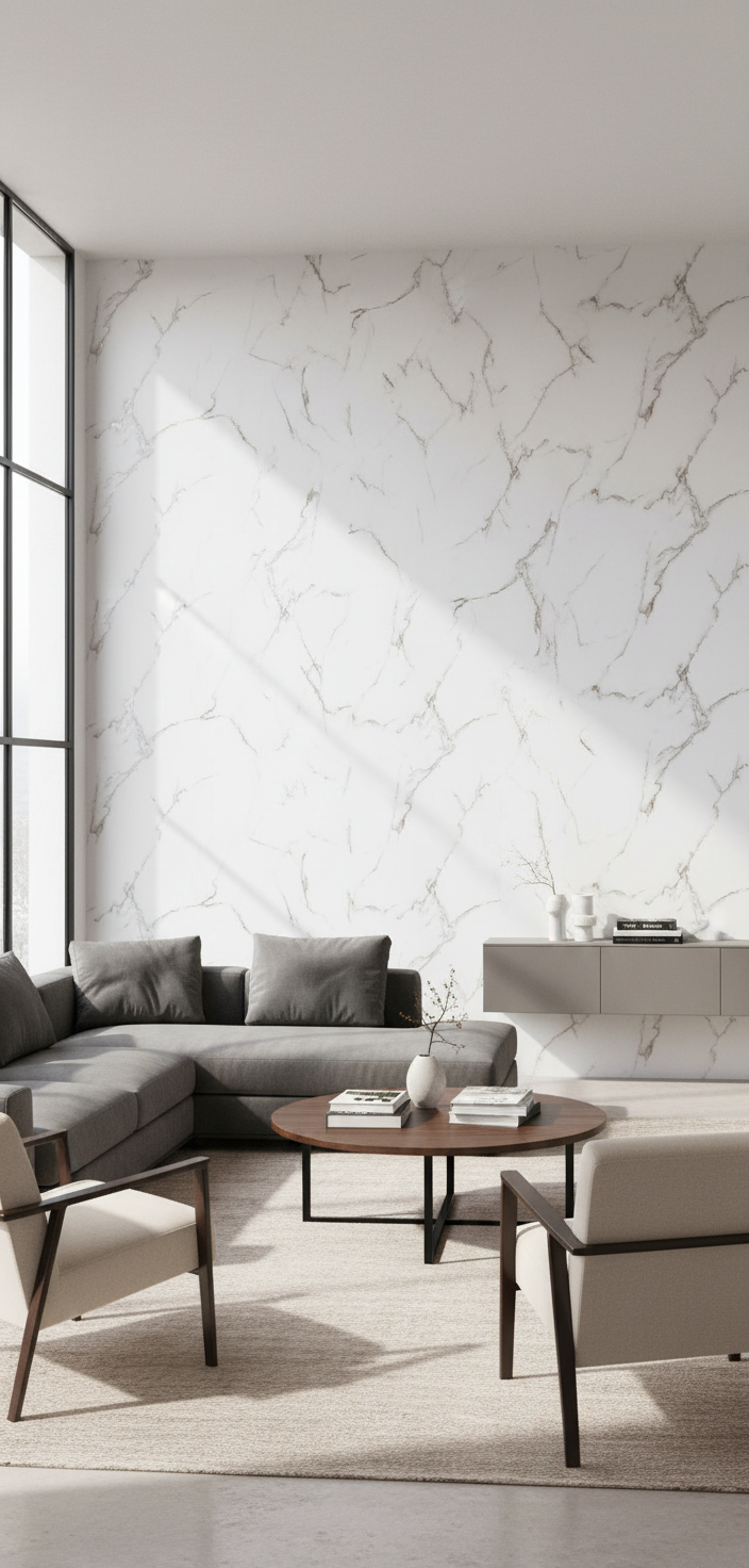 Carrara Pearl PVC Wandpaneel 260 x 122 cm – Weiße Marmoroptik mit feinen Gold- und Grauakzenten
